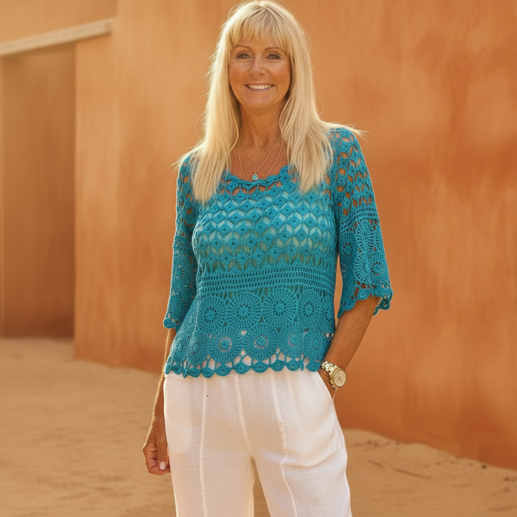 Toni Two Piece Turquoise Blue Cotton Crochet Top Set - Sugarplum Boutique