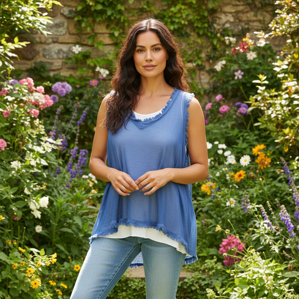 Tori Cotton Two Piece Denim Blue Layer Vest Top - Sugarplum Boutique