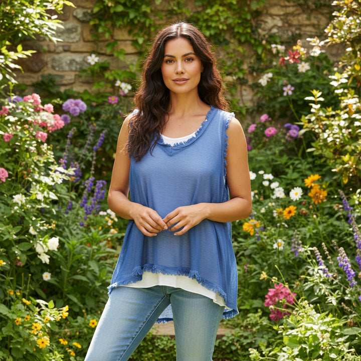 Tori Cotton Two Piece Denim Blue Layer Vest Top - Sugarplum Boutique