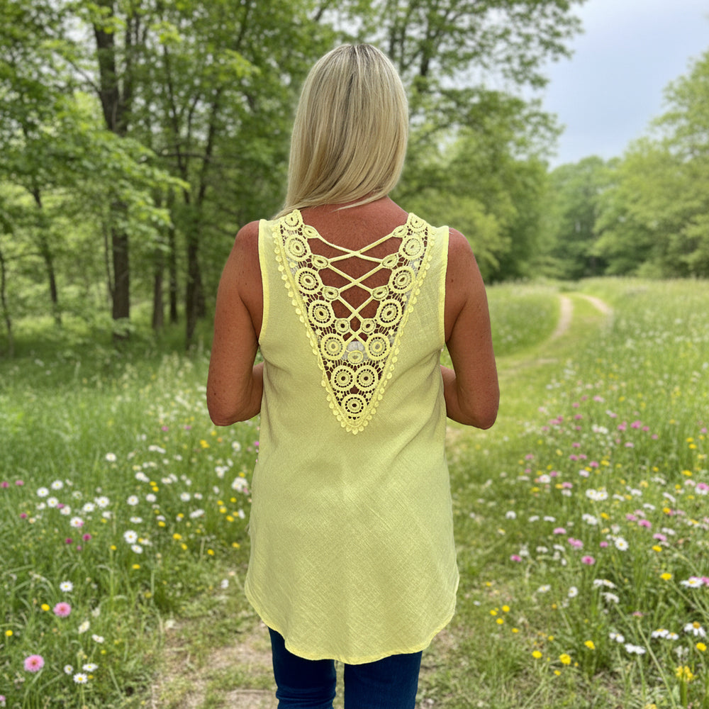 Torie Cotton Crochet Lemon Yellow V Back Sleeveless Top -1