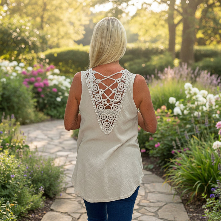 Torie Cotton Crochet Stone V Back Sleeveless Top - Sugarplum Boutique