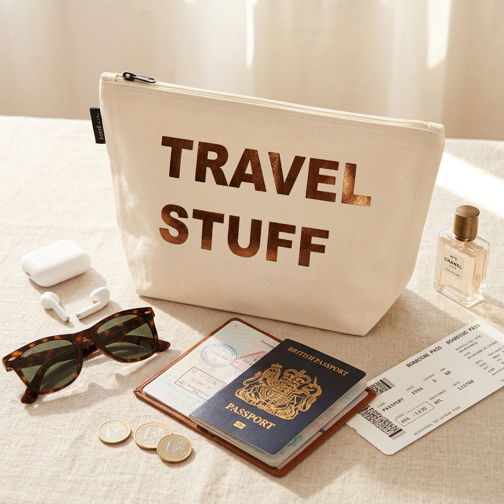 Travel Stuff Natural Recycled Canvas Pouch Bronze Print - Sugarplum Boutique