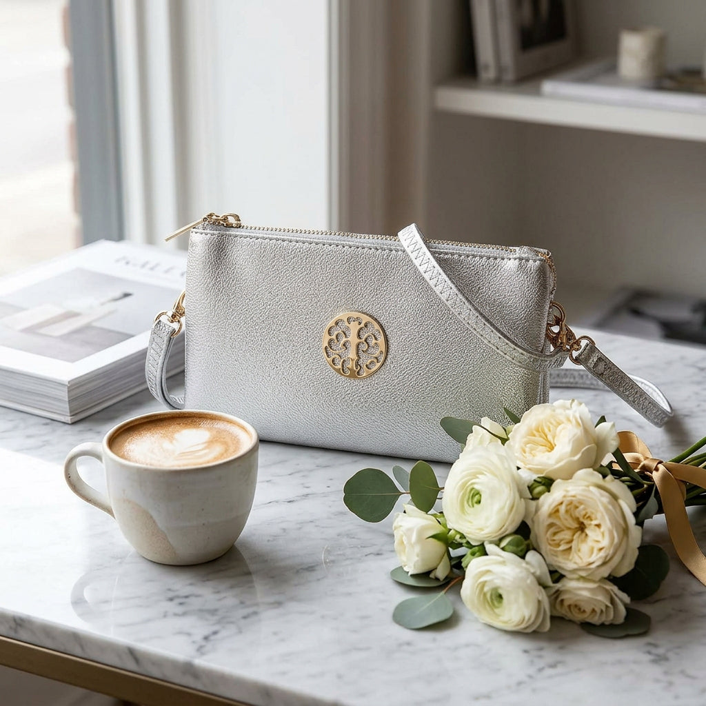 Tree Of Life Faux Leather Silver Handbag - Sugarplum Boutique