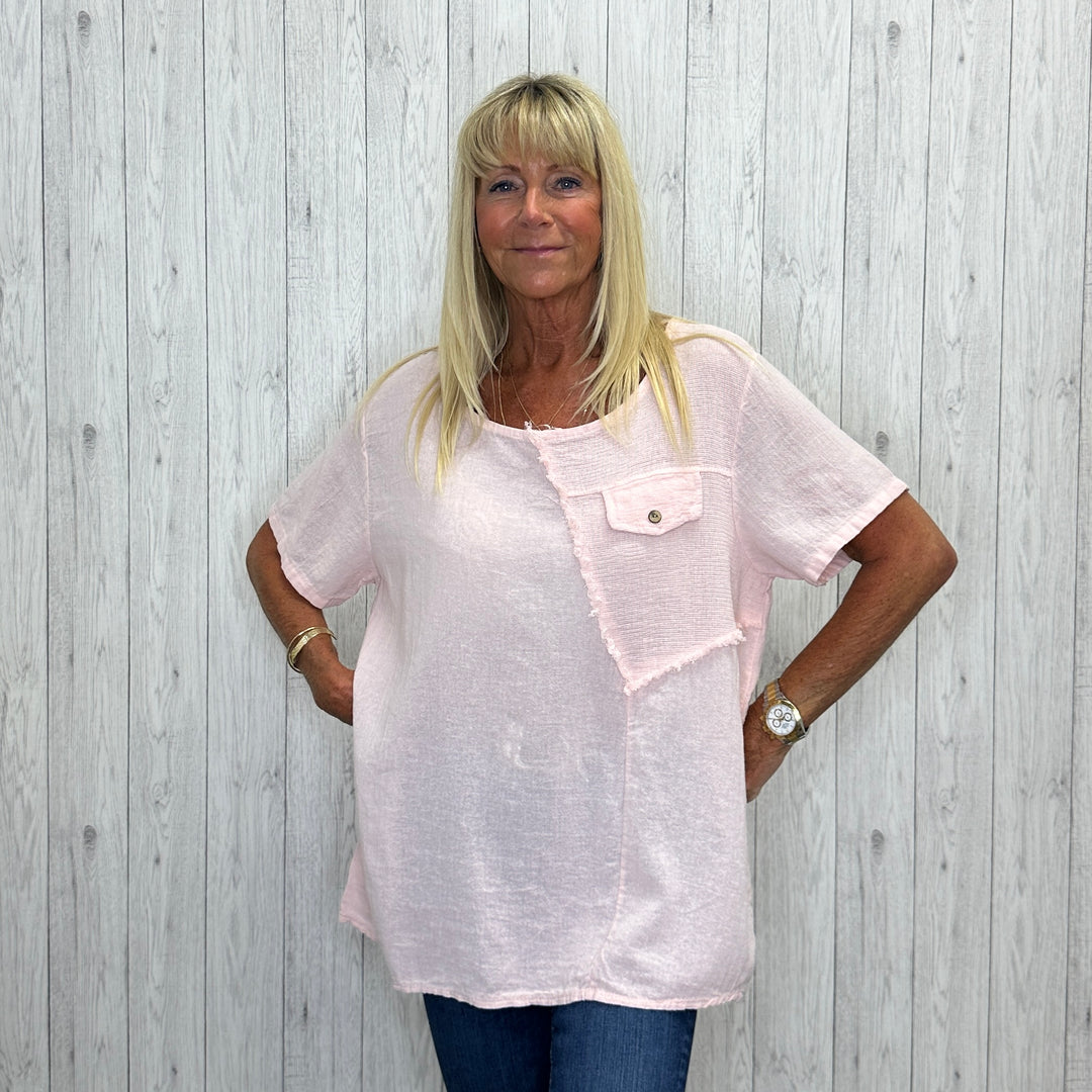 Trinny Cotton Raw Fringe Pocket Top Pink - Sugarplum Boutique