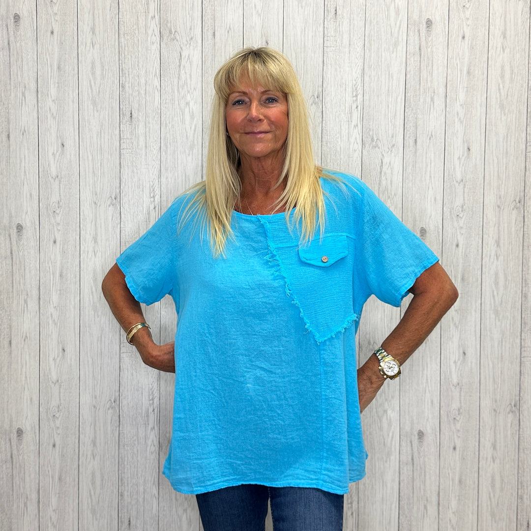 Trinny Cotton Raw Fringe Pocket Top Turquoise Blue - Sugarplum Boutique