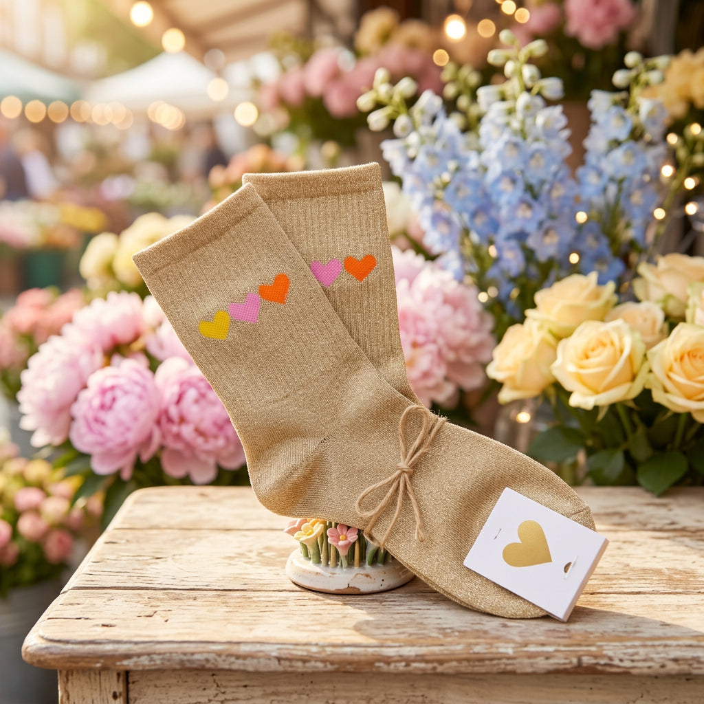 Triple Heart Metallic Gold Cotton Ankle Socks - Sugarplum Boutique