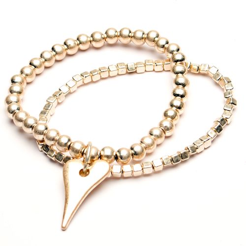 Twin Gold Heart Charm Beaded Stretch Bracelet - Sugarplum Boutique