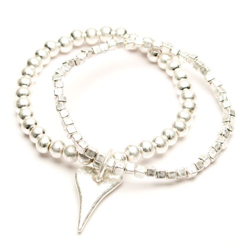 Twin Silver Heart Charm Beaded Stretch Bracelet - Sugarplum Boutique
