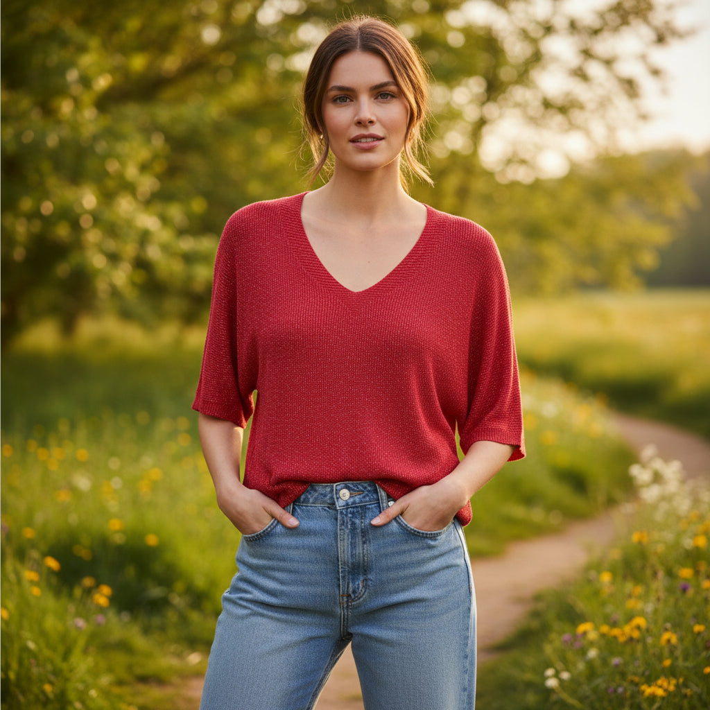Twyla Lurex Red Short Sleeve Sparkle Jumper - Sugarplum Boutique