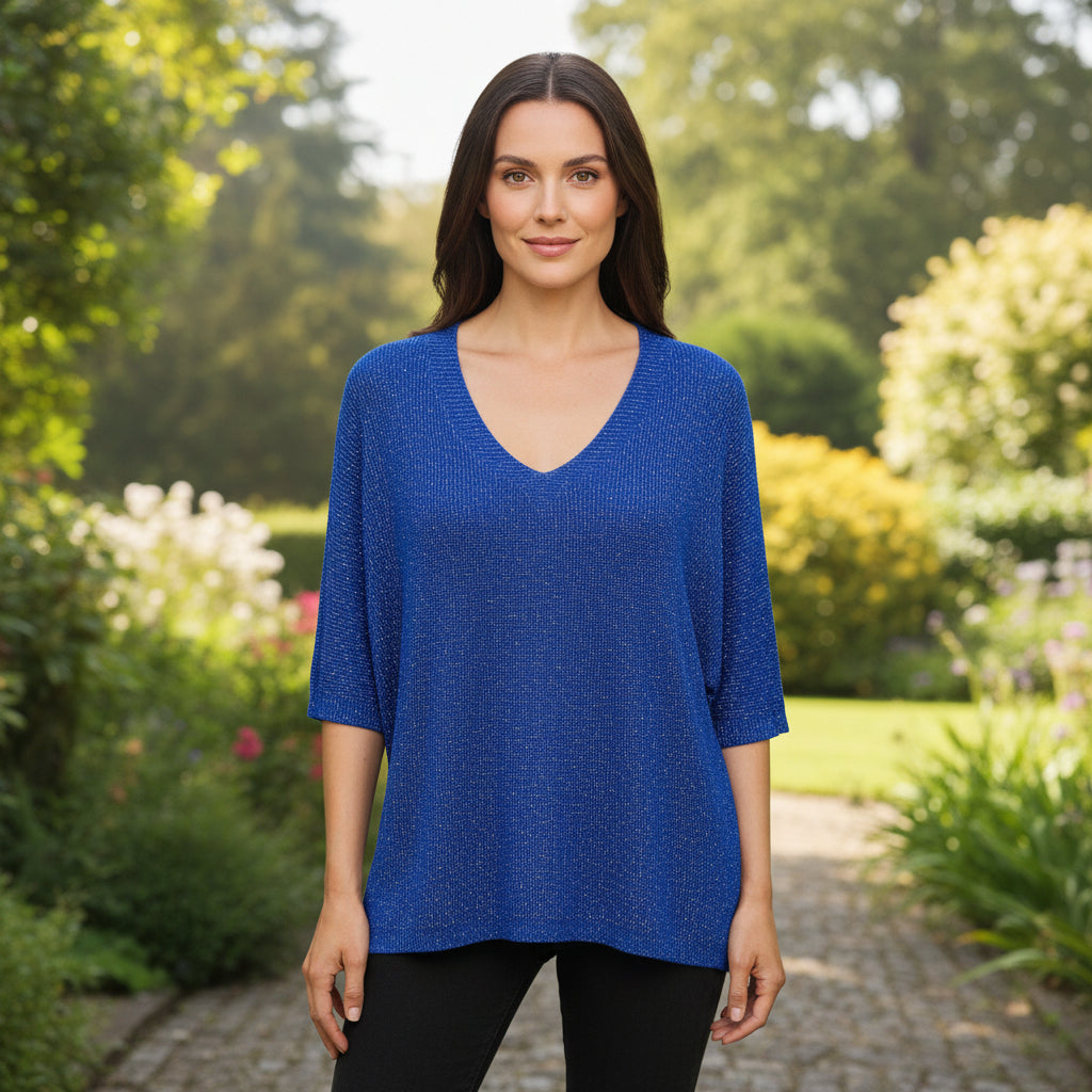 Twyla Lurex Royal Blue Short Sleeve Sparkle Jumper - Sugarplum Boutique