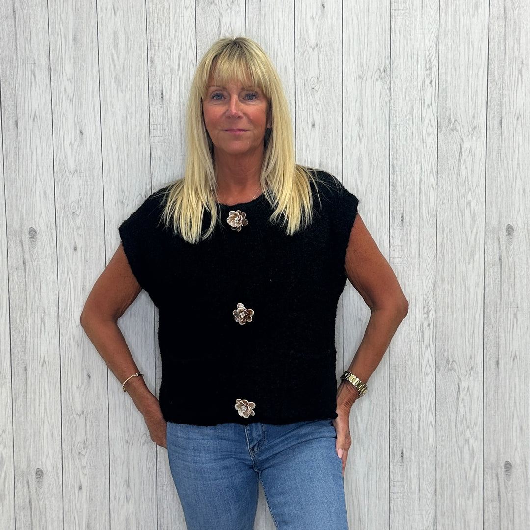 Tynemouth Flower Button Waistcoat Gilet Black -Sugarplum Boutique