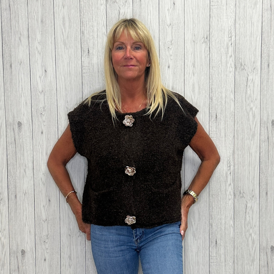 Tynemouth Flower Button Waistcoat Gilet Chocolate Brown -Sugarplum Boutique