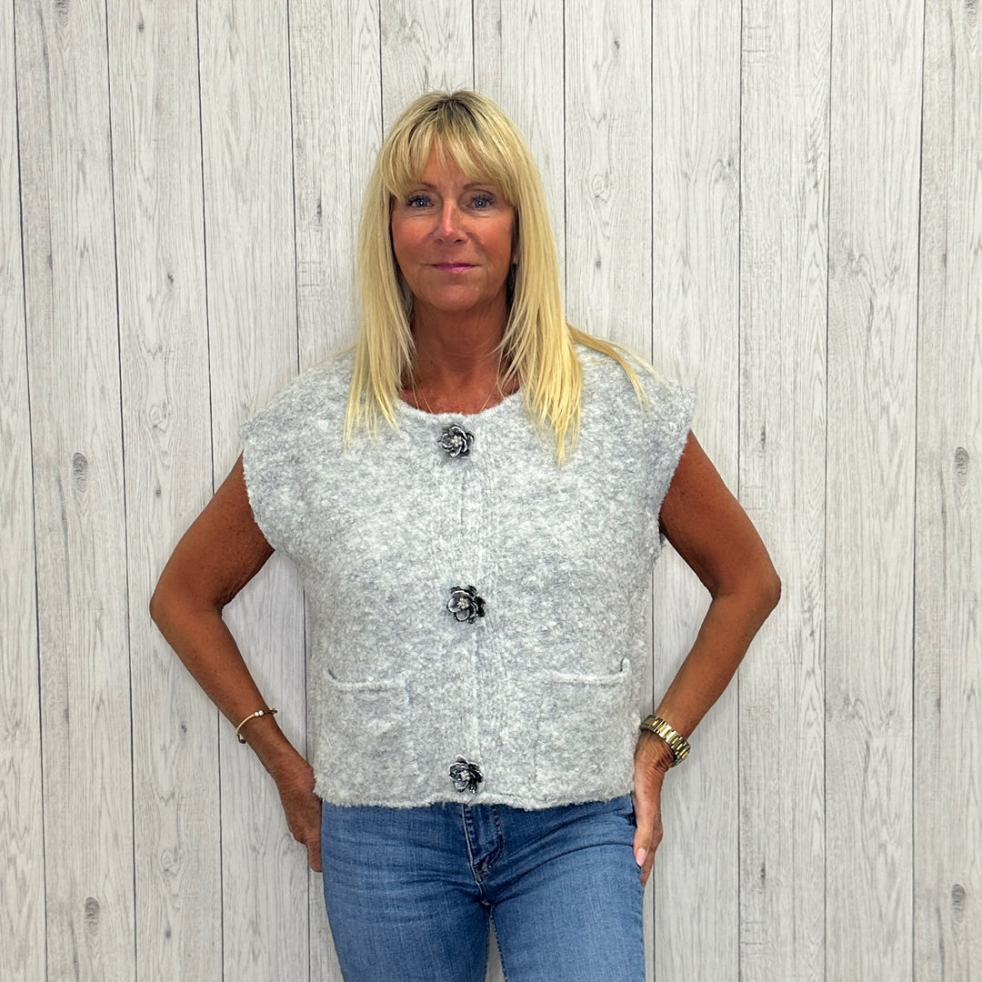 Tynemouth Flower Button Waistcoat Gilet Light Grey - Sugarplum Boutique