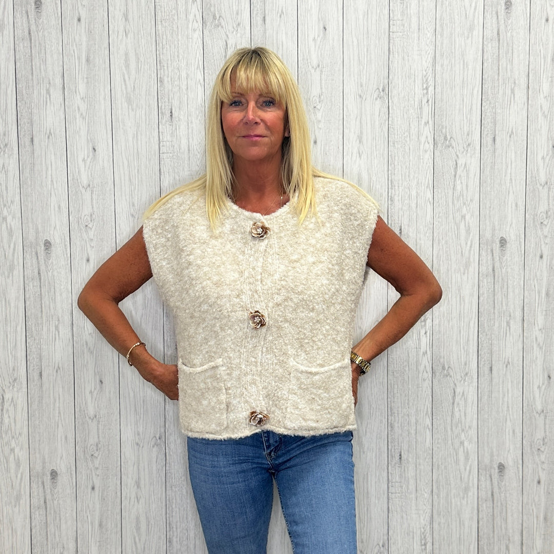 Tynemouth Flower Button Waistcoat Gilet Stone -Sugarplum Boutique