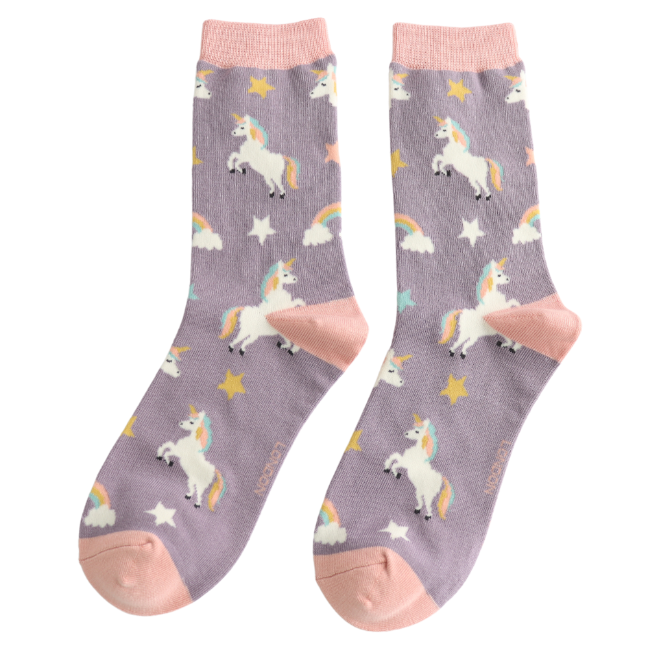 Unicorns Rainbows Ladies Bamboo Socks Lilac - Sugarplum Boutique