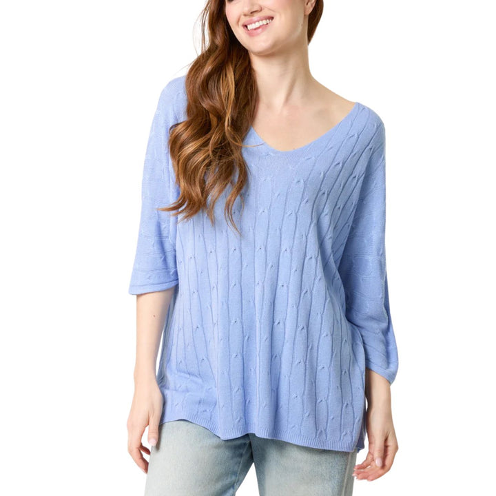 Val V-Neck Cable Knit 3/4 Sleeve Jumper Light Blue - Sugarplum Boutique