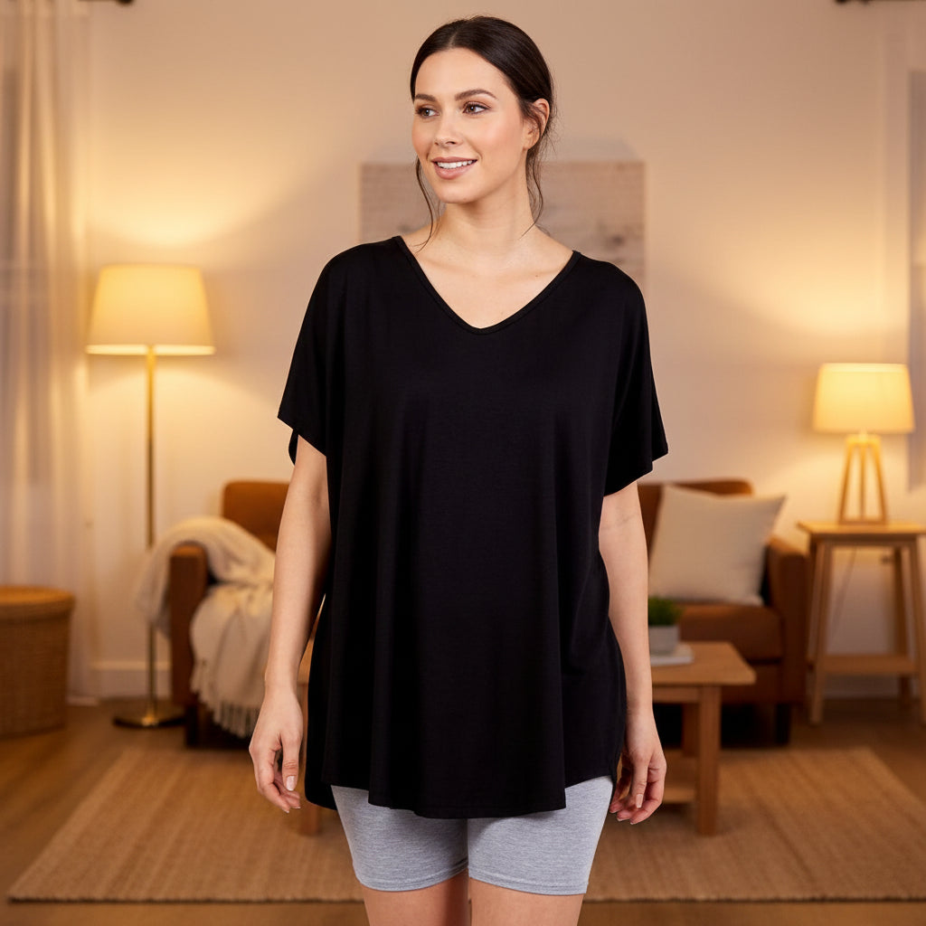 Valeria Black Loose Fit V Neck T-Shirt - Sugarplum Boutique
