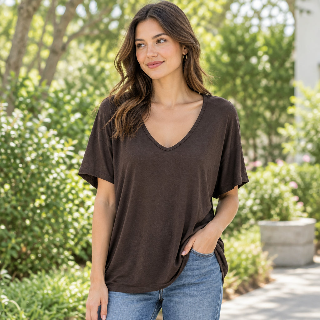 Valeria Chocolate Brown Loose V Neck T-Shirt - Sugarplum Boutique