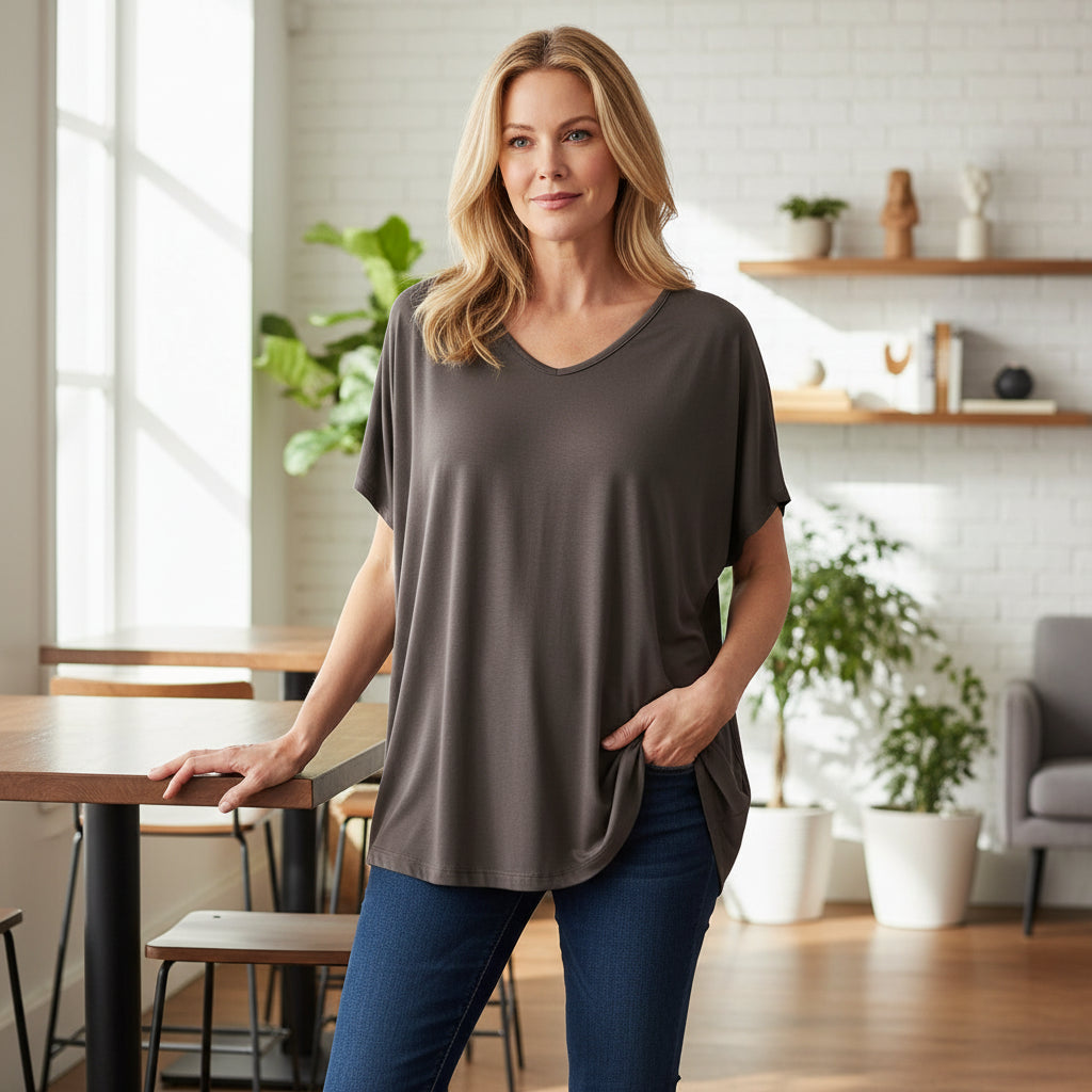 Valeria Mocha Brown loose V Neck T-Shirt - Sugarplum Boutique