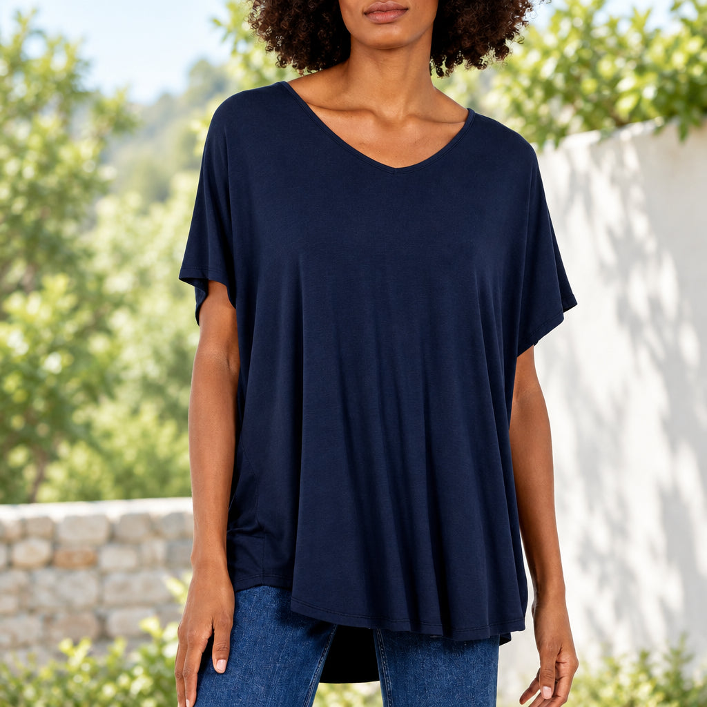 Valeria Navy Blue Loose V Neck T-Shirt - Sugarplum Boutique