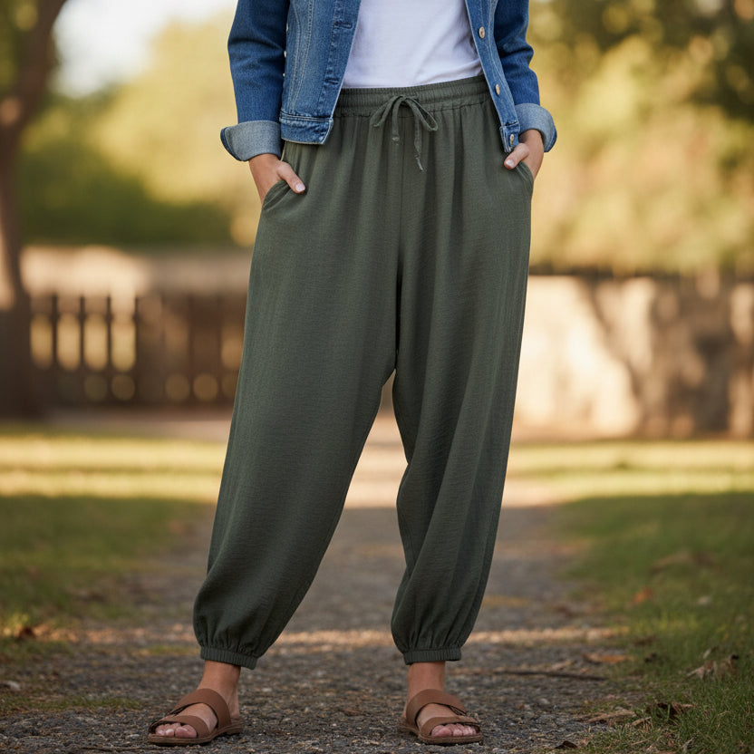 Verity Relaxed Fit Khaki Green Harem Trousers - Sugarplum Boutique