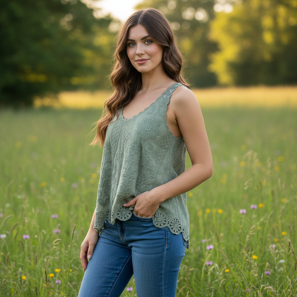 Vesper Cotton Crochet Khaki Green Vest Top - Sugarplum Boutique
