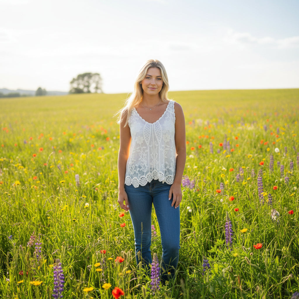 Vesper Cotton Crochet Stone Vest Top - Sugarplum Boutique
