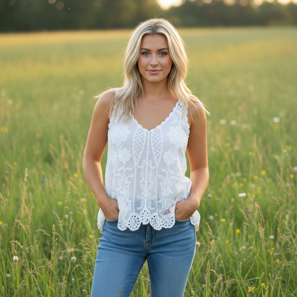 Vesper Cotton Crochet White Vest Top - Sugarplum Boutique