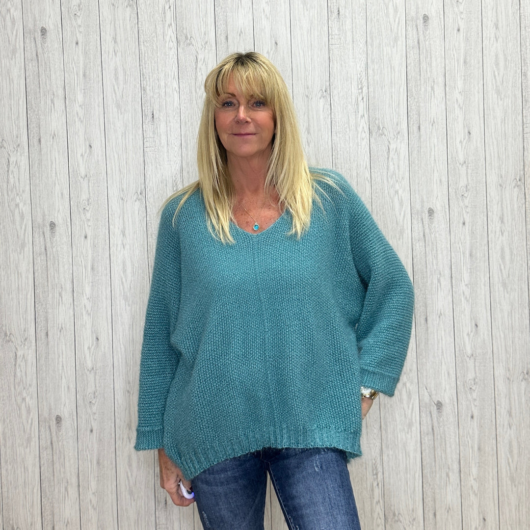 Victoria Aqua Green Fluffy V Neck Jumper - Sugarplum Boutique