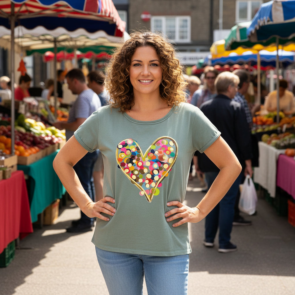 Victoria Foil Heart Khaki Green Cotton T-Shirt - Sugarplum Boutique