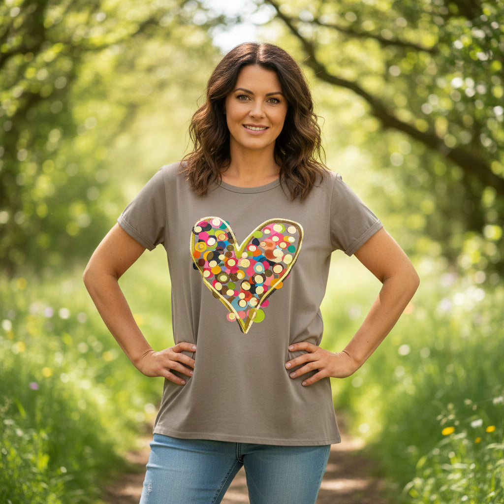 Victoria Foil Heart Mocha Brown Cotton T-Shirt - Sugarplum Boutique