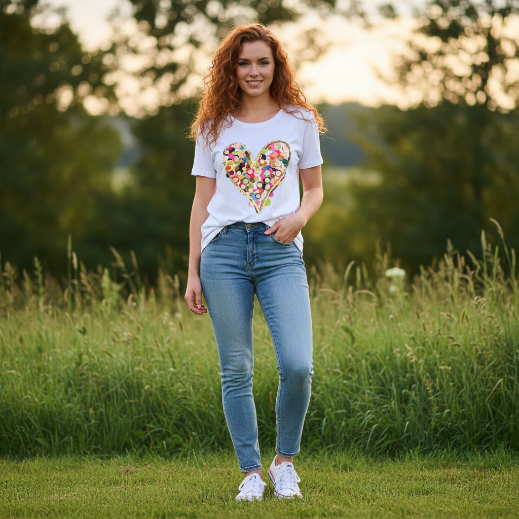 Victoria Foil Heart White Cotton T-Shirt - Sugarplum Boutique