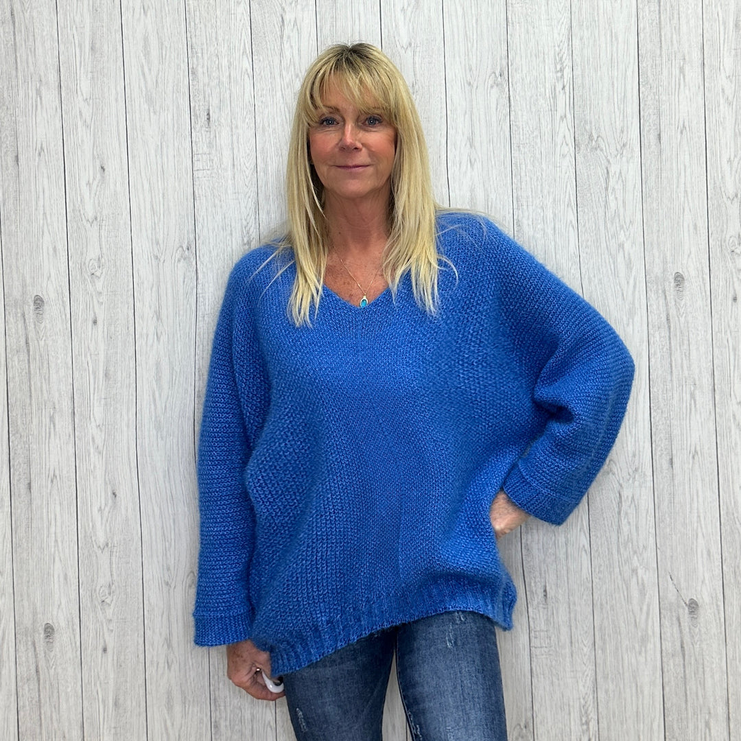 Victoria Royal Blue Fluffy V Neck Jumper - Sugarplum Boutique