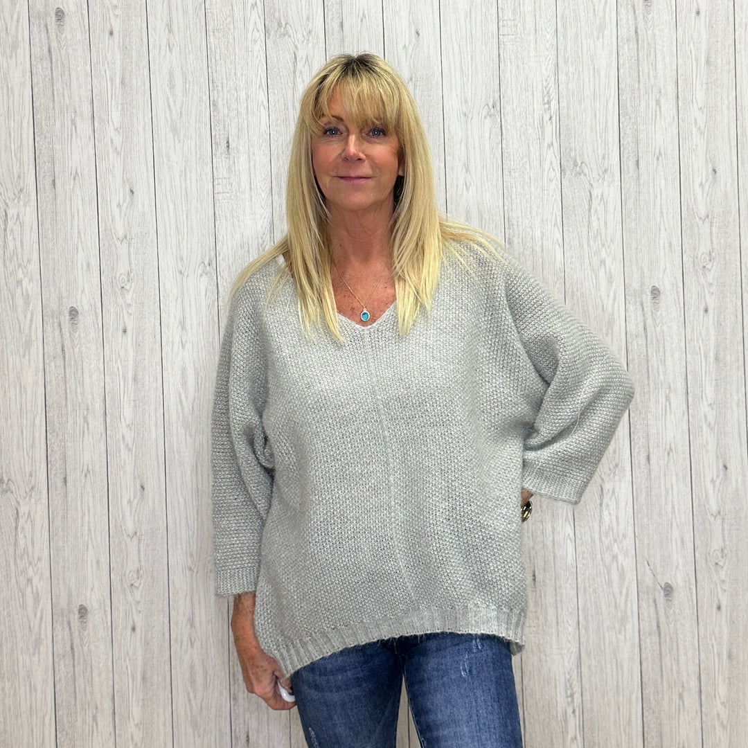 Victoria Silver Grey Fluffy V Neck Jumper - Sugarplum Boutique