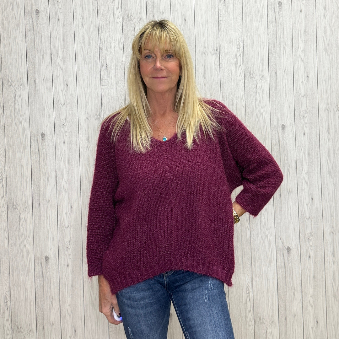 Victoria Wine Red Fluffy V Neck Jumper - Sugarplum Boutique