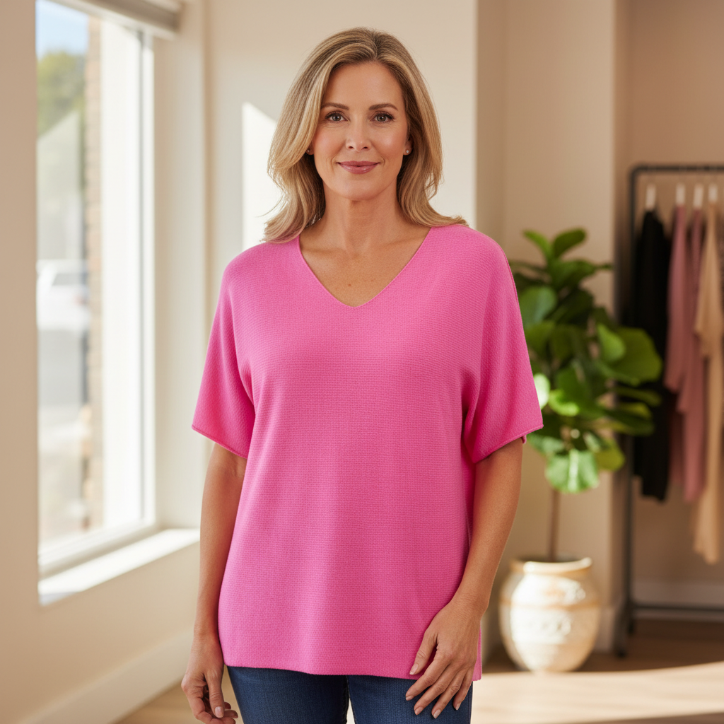 Vienna Bubblegum Pink Short Sleeved V Neck Jumper - Sugarplum Boutique