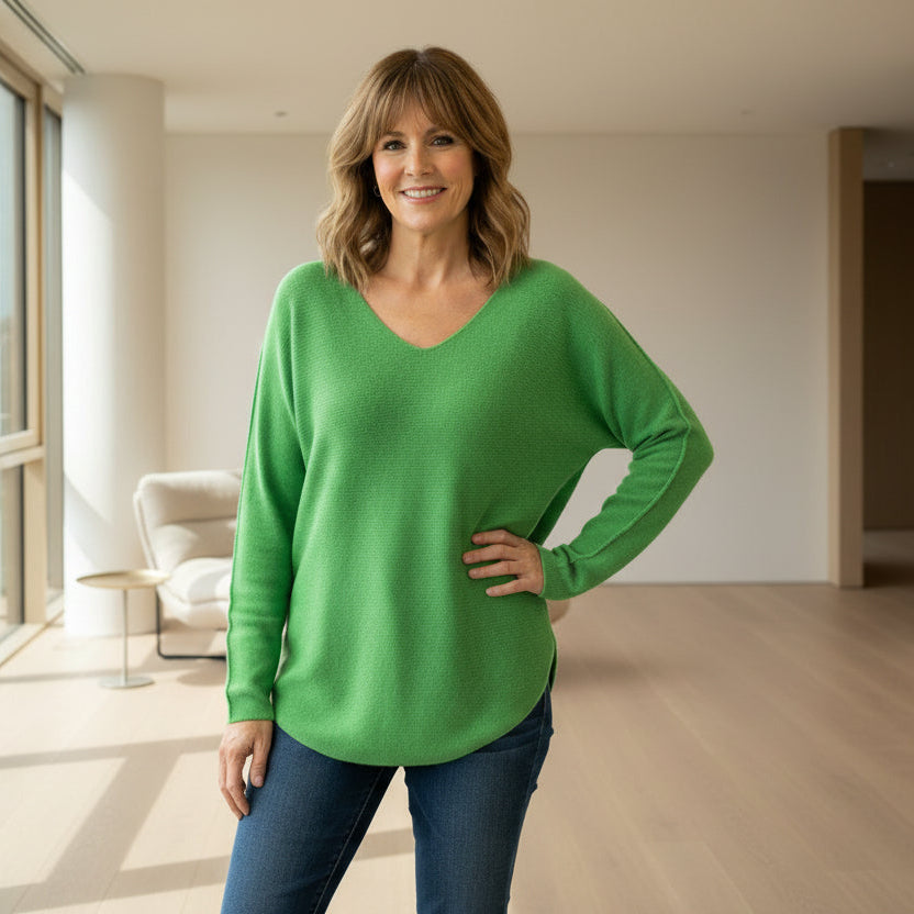 Vienna Emerald Green V Neck Seamed Arm Jumper - Sugarplum Boutique