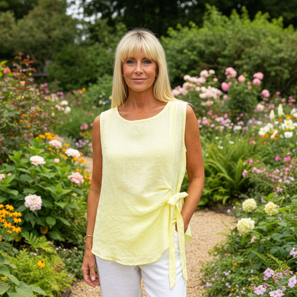Vienna Tie Front Lemon Yellow Linen Sleeveless Top - Sugarplum Boutique