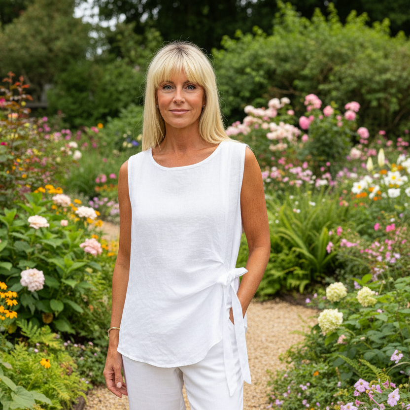 Vienna Tie Front White Linen Sleeveless Top - Sugarplum Boutique