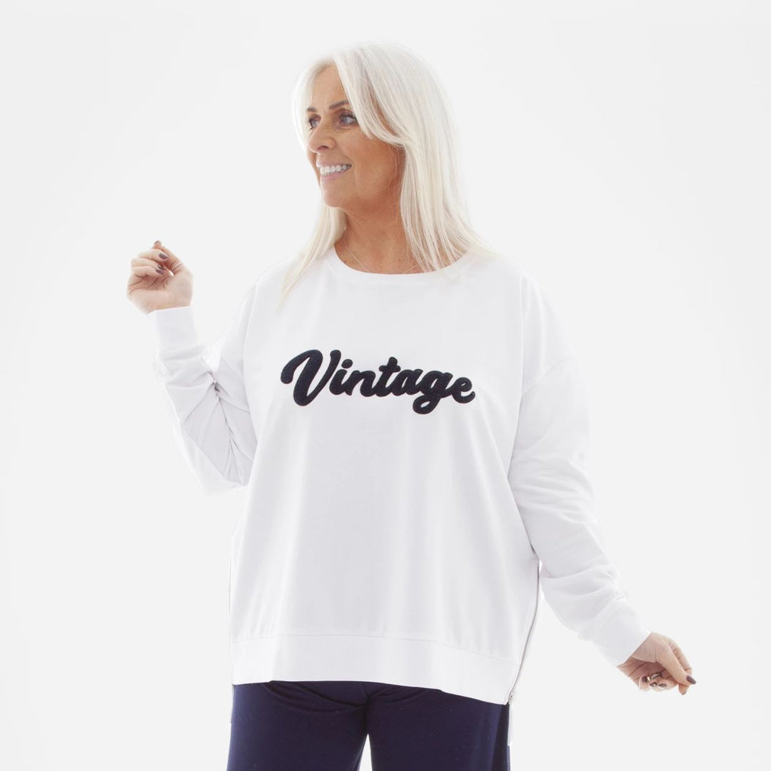 Vintage Towelling Motif Zip Cotton Sweatshirt White - Sugarplum Boutique