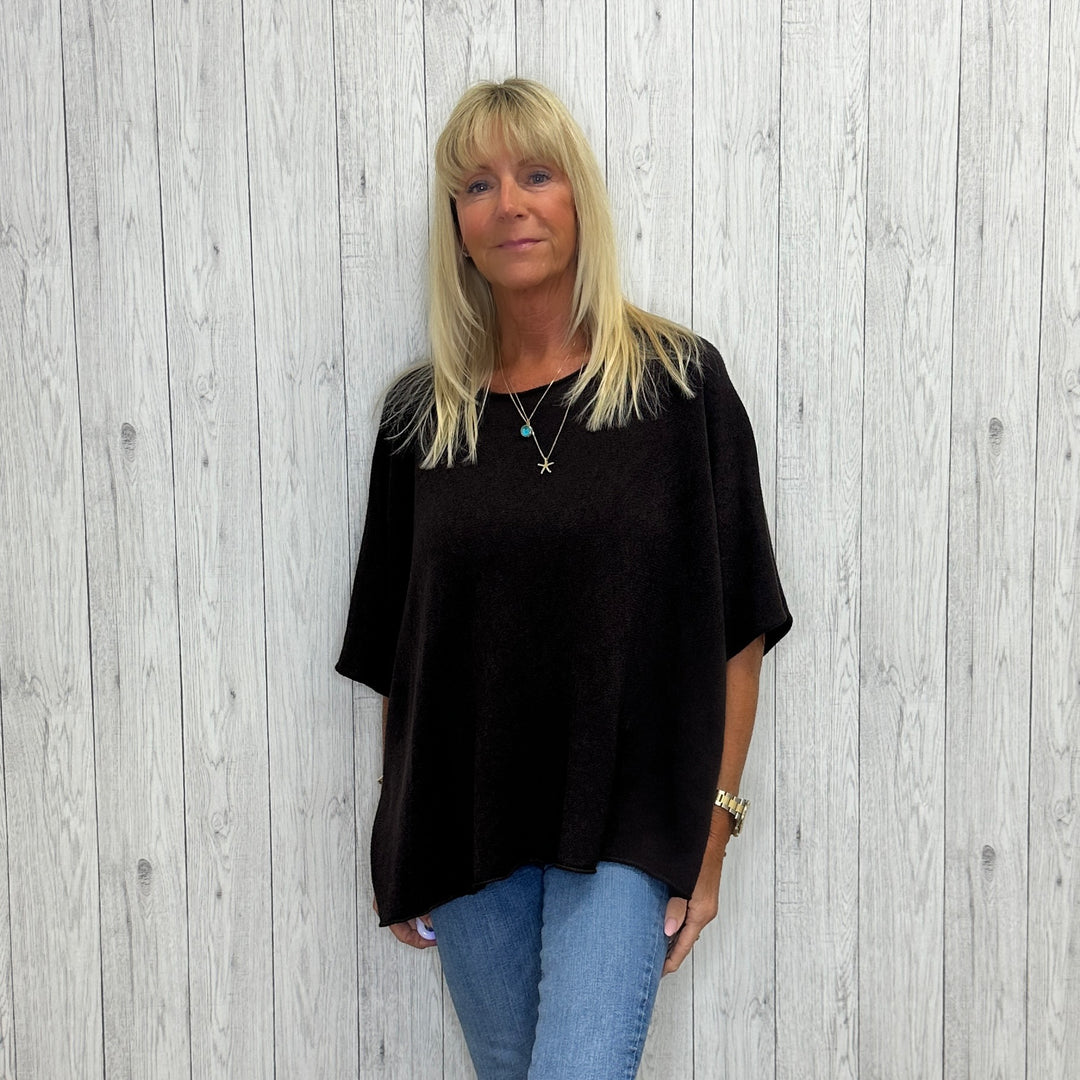 Violet Wool Mix Round Neck Short Sleeve Jumper Chocolate Brown - Sugarplum Boutique