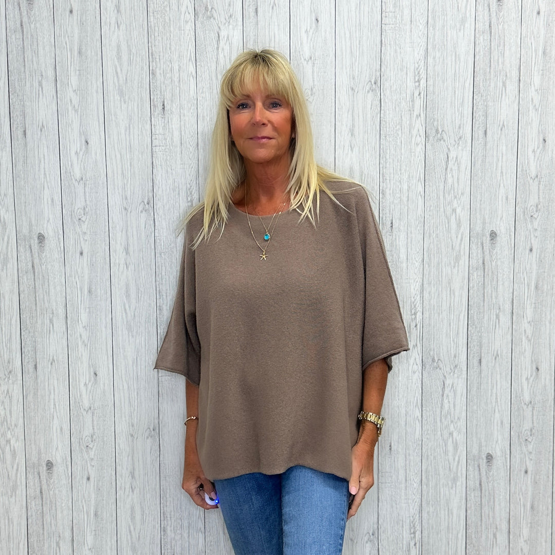 Violet Wool Mix Round Neck Short Sleeve Jumper Mocha Brown - Sugarplum Boutique