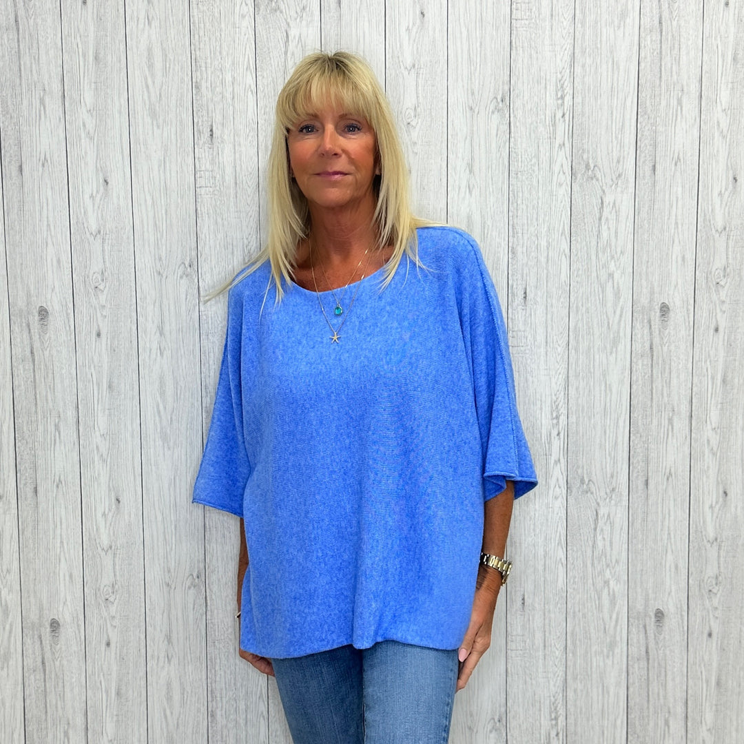 Violet Wool Mix Round Neck Short Sleeve Jumper Sky Blue - Sugarplum Boutique