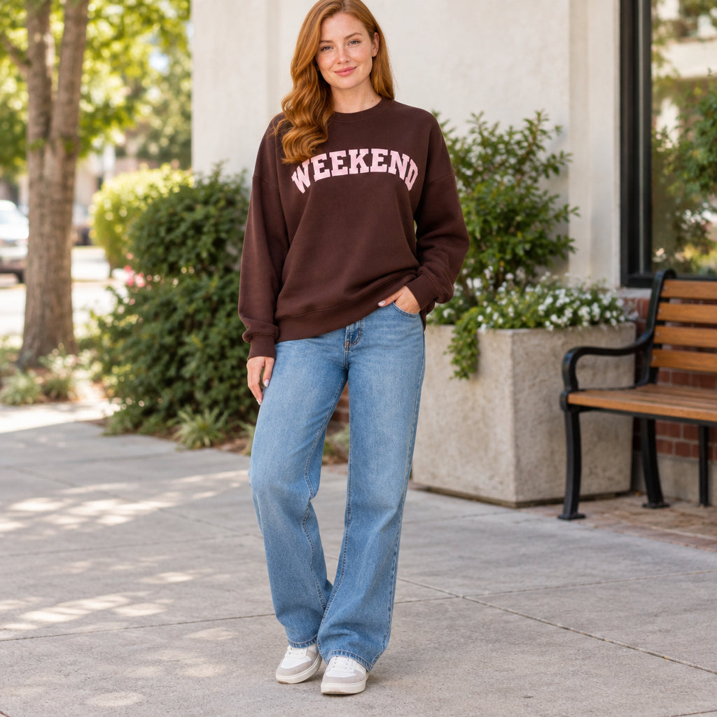 Weekend Chocolate Brown Cotton Mix Sweatshirt - Sugarplum Boutique