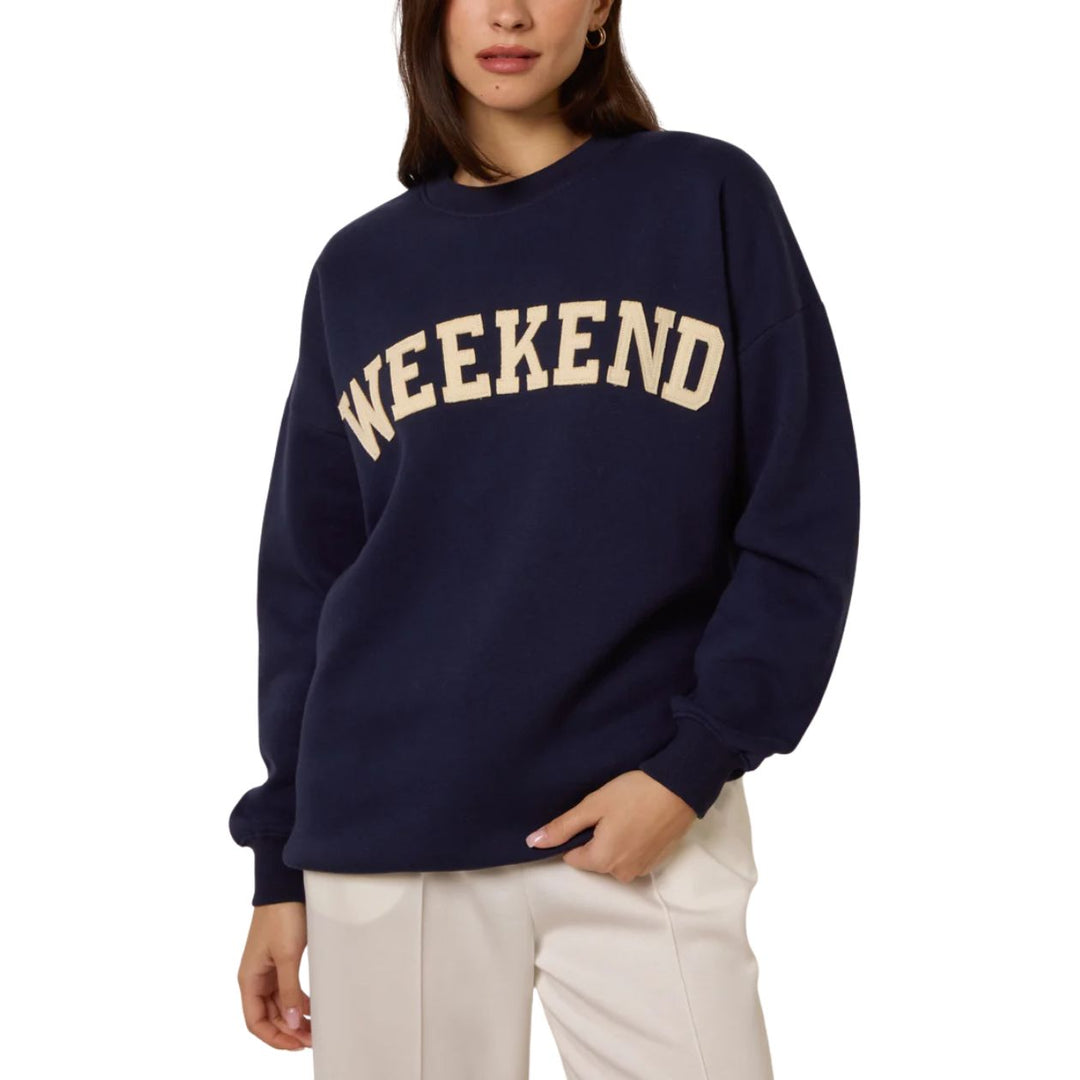 Weekend Navy Blue Crew Neck Motif Cotton Sweatshirt - Sugarplum Boutique