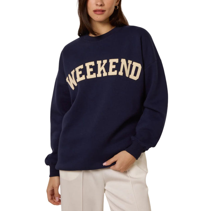 Weekend Navy Blue Crew Neck Motif Cotton Sweatshirt - Sugarplum Boutique