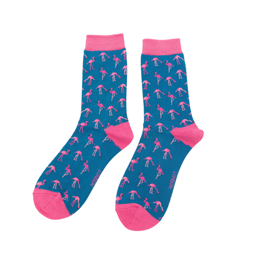 Wild Flamingos Denim Blue Ladies Bamboo Socks - Sugarplum Boutique