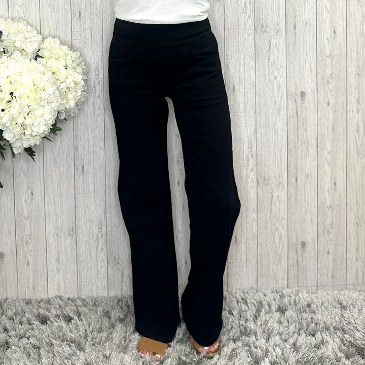 Will Wide Leg Cotton Mix Soft Waistband Jeans Black - Sugarplum Boutique