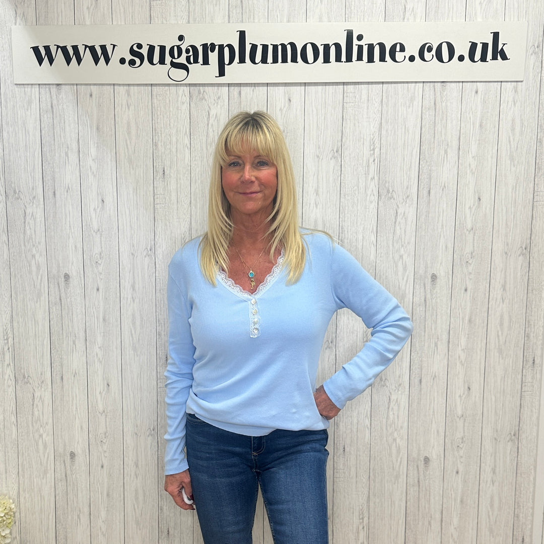 Willa Cotton Lace Neck Rib Top Light Blue - Sugarplum Boutique