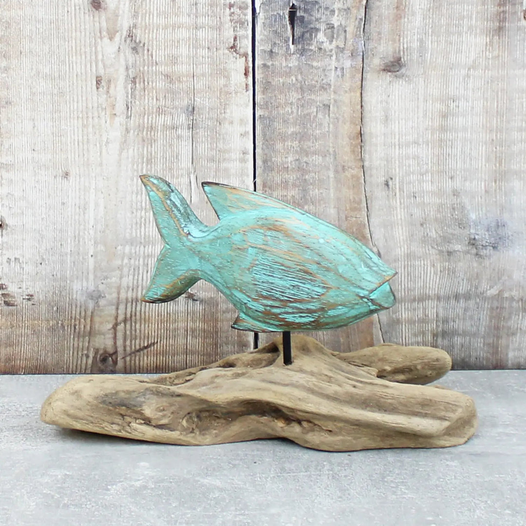 Wooden Fish On Natural Wood Base Turquoise Blue - Sugarplum Boutique